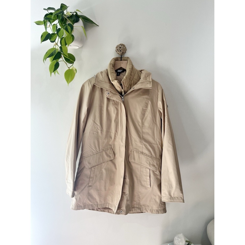 Lands' End 3-in-1 Systems Jacket Small Tan Quilted Vest & Hooded Shell